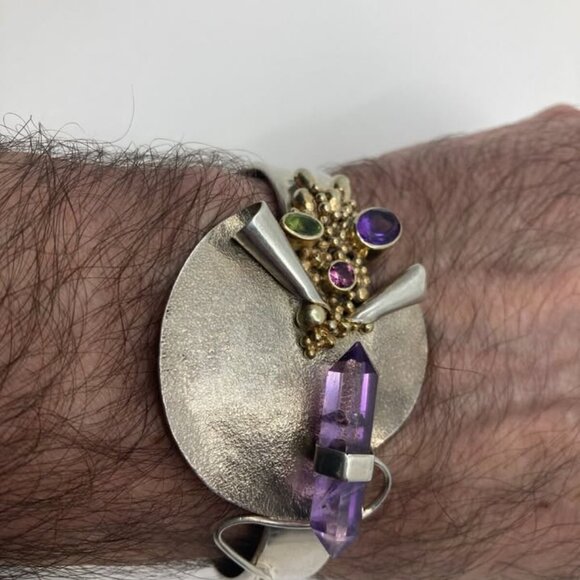 Vtg 1980s modernist sterling 925 amethyst peridot handcrafted cuff bracelet - Picture 3 of 3